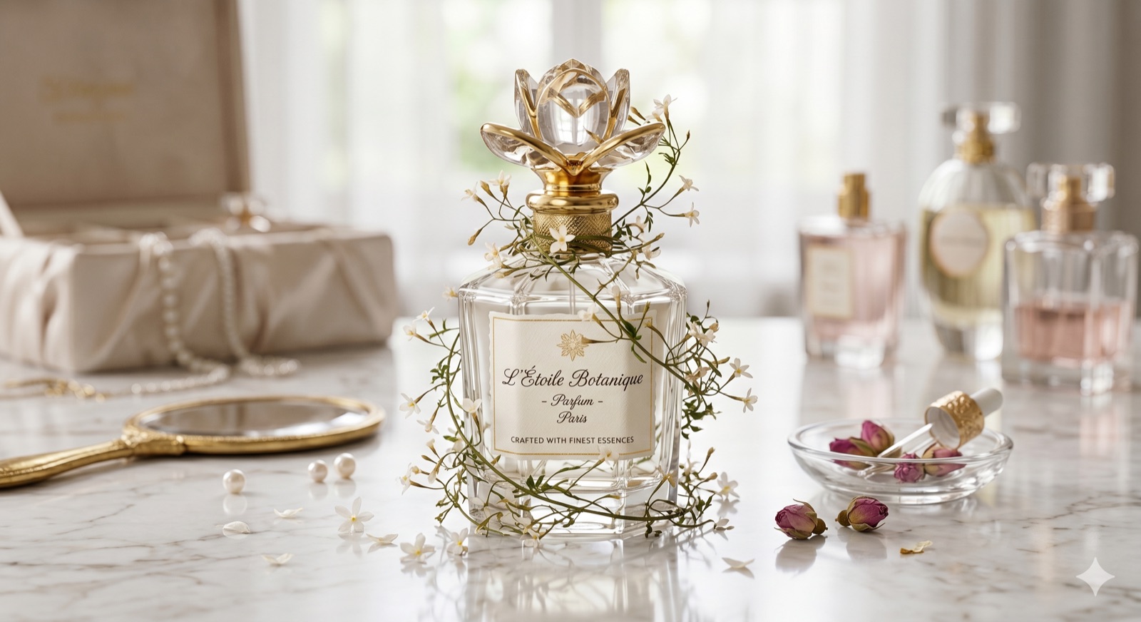 Perfume with a busy background: other bottles, flowers and reflections